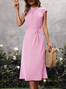 SHEIN VCAY 素色腰帶A字洋裝 - 粉色 - 查看 3