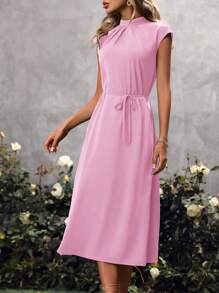 SHEIN VCAY 素色腰帶A字洋裝 - 粉色 - 查看 4