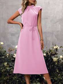 SHEIN VCAY 素色腰帶A字洋裝 - 粉色 - 查看 6