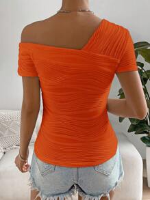 Chiquease 不對稱領褶邊T恤 - 橘色 - 查看 2