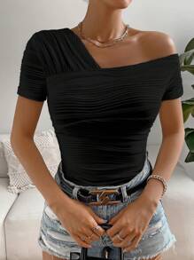 SHEIN Privé Camiseta de cuello asimétrico fruncido - Negro - Ver 1
