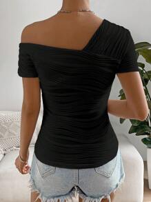 SHEIN Privé Camiseta de cuello asimétrico fruncido - Negro - Ver 2