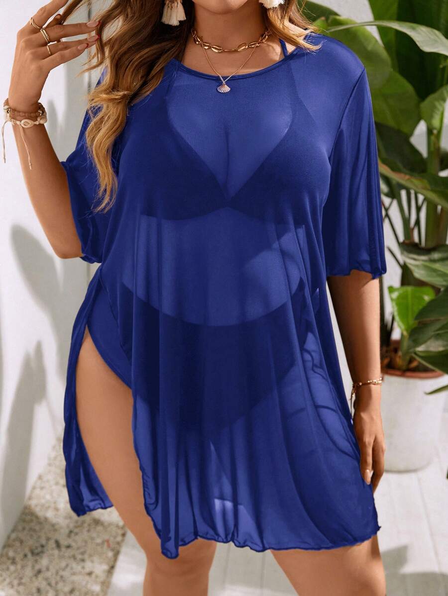 SHEIN Swim Curve 大碼高衩透視網紗罩衫洋裝不附帶比基尼套裝 - 寶藍色 - 查看 1