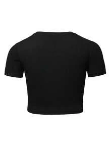 SHEIN EZwear 標語圖案短款T恤 - 黑色 - 查看 2