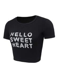 SHEIN EZwear 標語圖案短款T恤 - 黑色 - 查看 7