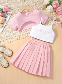 SHEIN Cô Gái Trẻ Đồ họa Chữ cái Cami ngọn & Áo thun & Chân Váy xếp ly - Nhiều màu - Xem 1