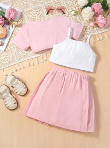 SHEIN Cô Gái Trẻ Đồ họa Chữ cái Cami ngọn & Áo thun & Chân Váy xếp ly - Nhiều màu - Xem 2