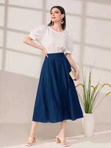 Mulvari Váy nữ Xếp li Dây kéo màu trơn Giải trí Thanh lịch - Màu xanh hải quân - Xem 5