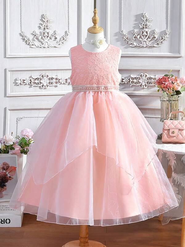 Girls Pearls Beaded Mesh Overlay Party Dress SHEIN USA