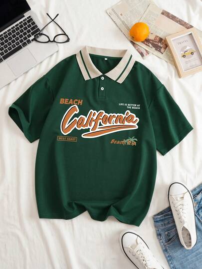 INAWLY Slogan Graphic Contrast Collar Polo Shirt BEACH California WEST COAST LIFE IS BETTER AT THE BEACH Beach Trip Graphic Tees Women Tops