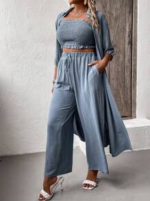 Mulvari 大碼素色抹胸上衣和褲子和開門襟外套 - 霧霾藍 - 查看 1