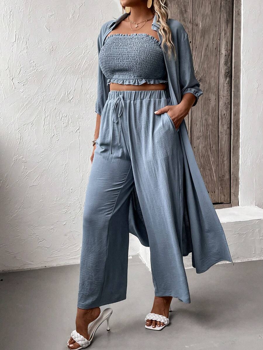 Mulvari 大碼素色抹胸上衣和褲子和開門襟外套 - 霧霾藍 - 查看 1