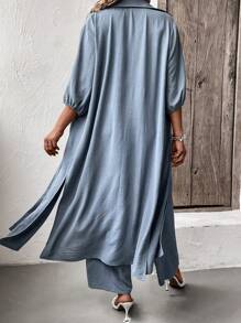 Mulvari 大碼素色抹胸上衣和褲子和開門襟外套 - 霧霾藍 - 查看 2