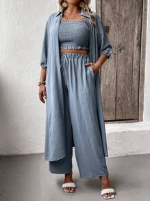 Mulvari 大碼素色抹胸上衣和褲子和開門襟外套 - 霧霾藍 - 查看 3