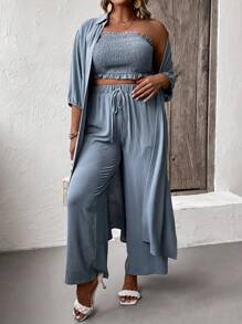 Mulvari 大碼素色抹胸上衣和褲子和開門襟外套 - 霧霾藍 - 查看 4