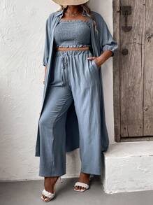 Mulvari 大碼素色抹胸上衣和褲子和開門襟外套 - 霧霾藍 - 查看 5