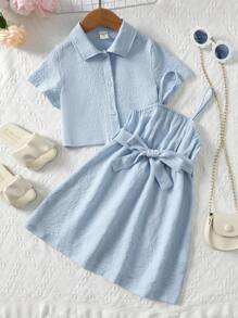 SHEIN Bộ thời trang bé gái - Màu xanh lam - Xem 2