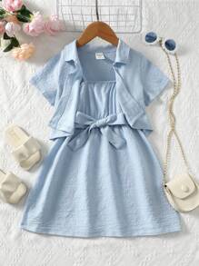 SHEIN Bộ thời trang bé gái - Màu xanh lam - Xem 4