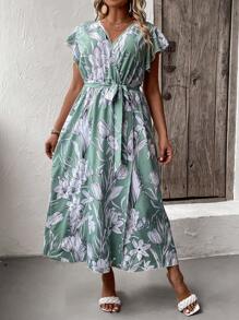 Mulvari Plus Tropical Print Batwing Sleeve Belted Dress - Multicolor - View 1