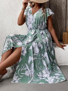 Mulvari Plus Tropical Print Batwing Sleeve Belted Dress - Multicolor - View 5