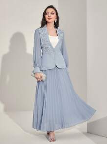 Modelyn 花卉貼花荷葉袖西裝外套和百褶半身裙