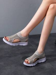Summer New Design Casual Sandals, Simple Sports Style Flat Breathable Mesh Open Toe Sandals, Plus Size Women Shoes - Apricot - View 2