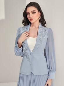 Modelyn 花卉貼花荷葉袖西裝外套和百褶半身裙