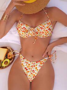 SHEIN Swim Summer Beach Ditsy Floral Print Tie Side Bikini Set - Multicolor - View 1