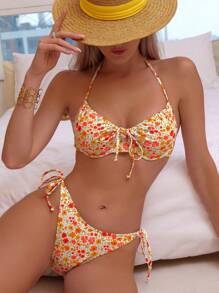 SHEIN Swim Summer Beach Ditsy Floral Print Tie Side Bikini Set - Multicolor - View 3