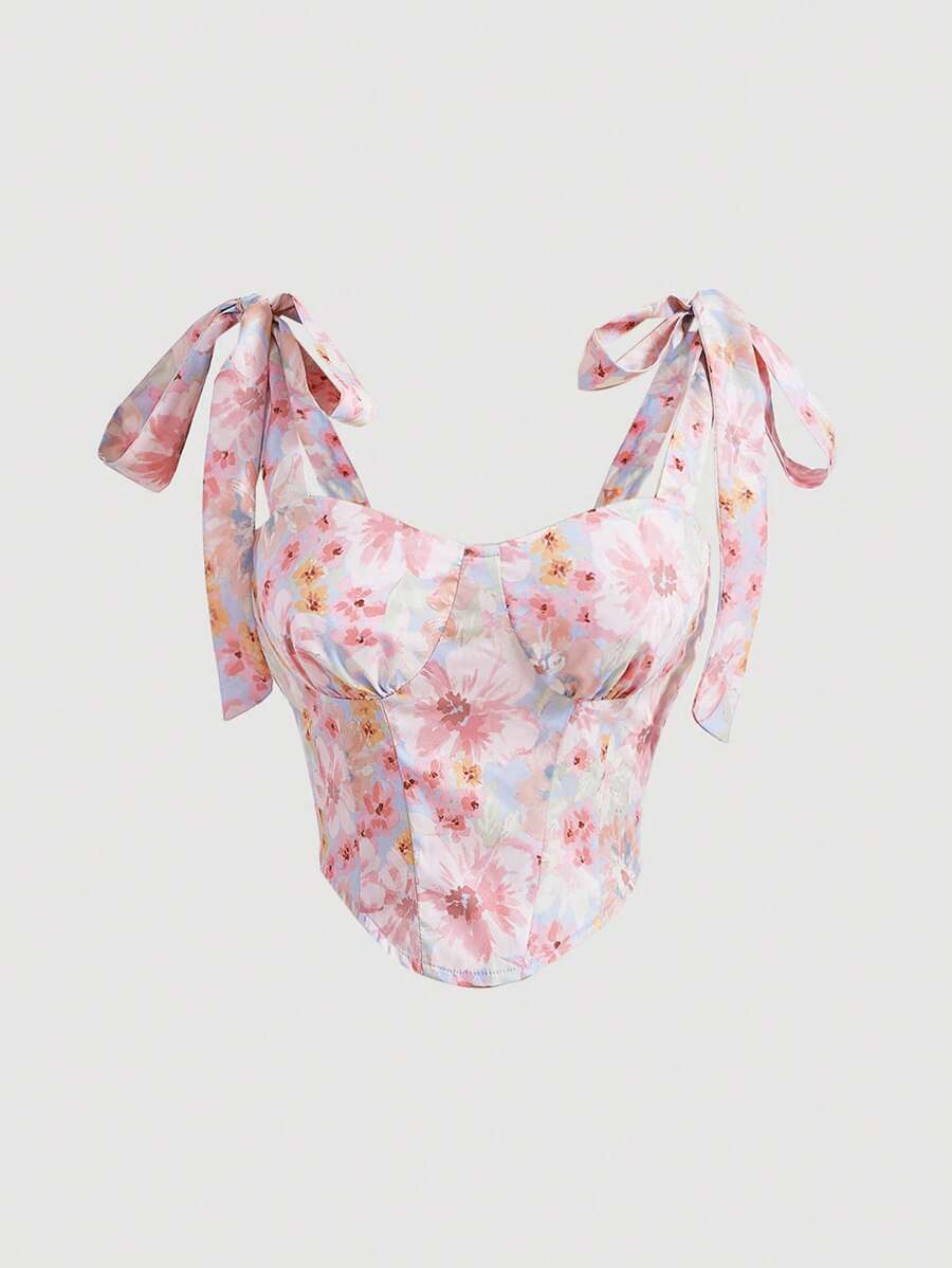 SHEIN MOD 印花肩上打結弧形下擺吊帶上衣 - 彩色 - 查看 1