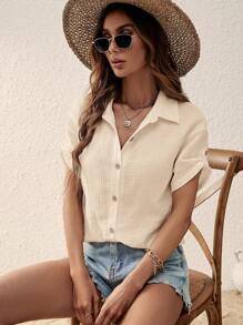 SHEIN LUNE Solid Roll Up Sleeve Button Front Shirt - Apricot - View 1
