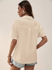 SHEIN LUNE Solid Roll Up Sleeve Button Front Shirt - Apricot - View 2