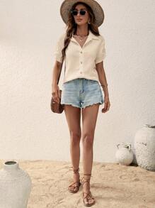 SHEIN LUNE Solid Roll Up Sleeve Button Front Shirt - Apricot - View 4