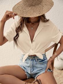 SHEIN LUNE Solid Roll Up Sleeve Button Front Shirt - Apricot - View 5