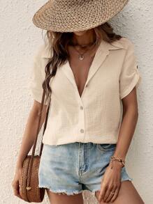 SHEIN LUNE Solid Roll Up Sleeve Button Front Shirt - Apricot - View 6