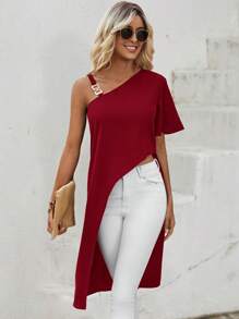 SHEIN LUNE Áo sơ mi nữ Bất đối xứng Chuỗi màu trơn Giải trí - Màu Đỏ Sâu - Xem 1