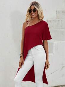 SHEIN LUNE Áo sơ mi nữ Bất đối xứng Chuỗi màu trơn Giải trí - Màu Đỏ Sâu - Xem 3