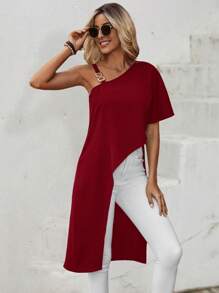 SHEIN LUNE Áo sơ mi nữ Bất đối xứng Chuỗi màu trơn Giải trí - Màu Đỏ Sâu - Xem 4