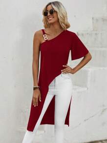 SHEIN LUNE Áo sơ mi nữ Bất đối xứng Chuỗi màu trơn Giải trí - Màu Đỏ Sâu - Xem 5