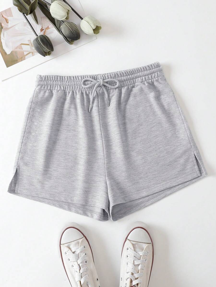INAWLY Drawstring Waist Split Hem Track Shorts - Light Grey - View 1