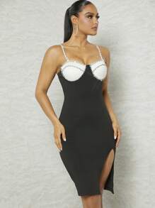 Hauture Váy xẻ đùi đính đá tương phản - màu đen - Xem 5