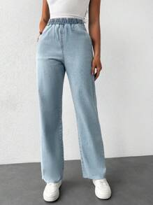 EURMUSE Elastic Waist Straight Leg Jeans - Light Wash - View 1
