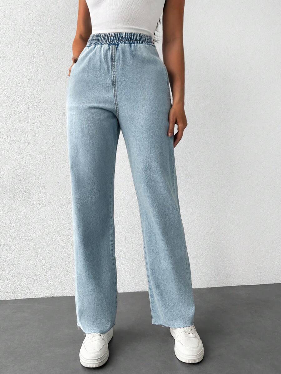 EURMUSE Elastic Waist Straight Leg Jeans - Light Wash - View 1
