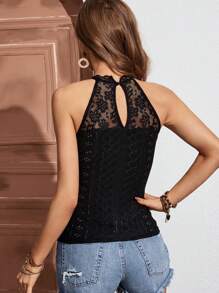 SHEIN Frenchy 優雅露背 蕾絲拼接純色女士背心 - 黑色 - 查看 2