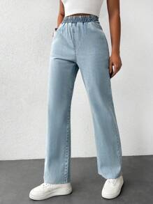 EURMUSE Elastic Waist Straight Leg Jeans - Light Wash - View 5
