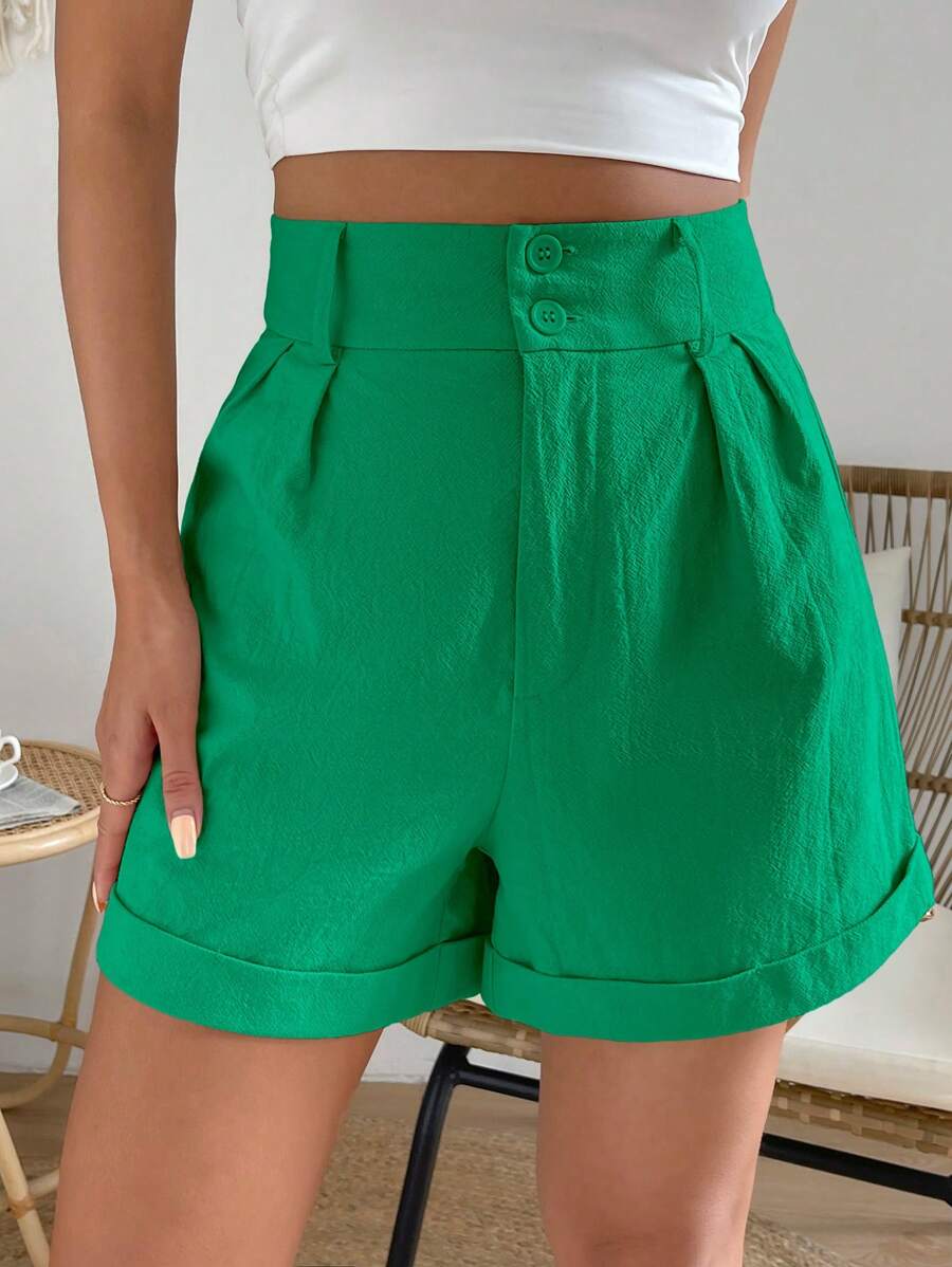 SHEIN Frenchy Quần đùi nữ Nút Dây kéo màu trơn Giải trí - màu xanh lá - Xem 1