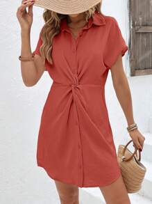 SHEIN Frenchy Đầm xoắn lại Nút phía trước màu trơn Giải trí - Bụi hồng - Xem 6