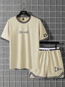 Manfinity Campus Court Aesthetic Post--Men Letter Graphic Contrast Trim Tee & Drawstring Waist Shorts Set - Khaki - View 4