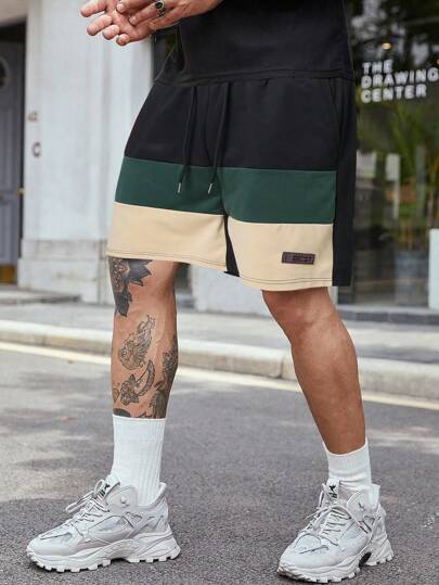 Guys Colorblock Drawstring Waist Patched Detail Shorts
