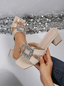 Giày sandal Mule quyến rũ cho nữ, giày sandal cao gót đính đá Rhinestone trang trí ngày lễ tình nhân - Màu be - Xem 1